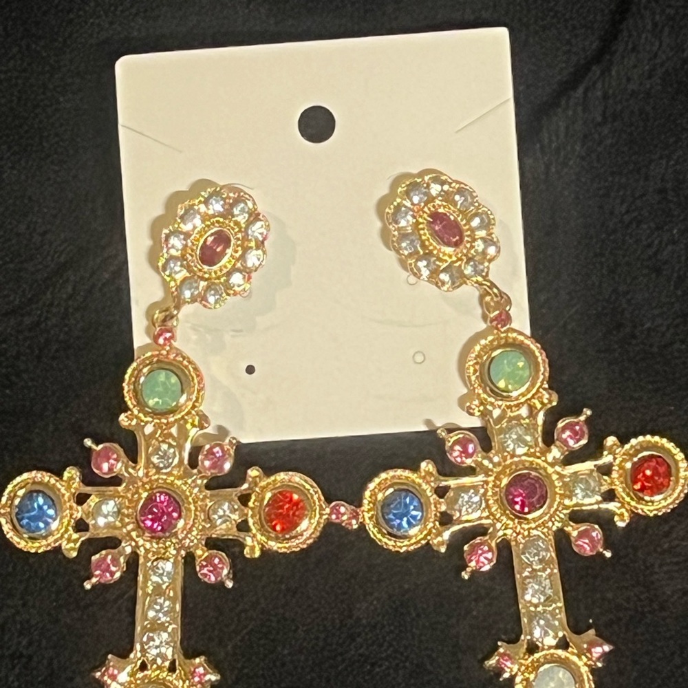 Elegant Gold Multicolor Cross Earrings